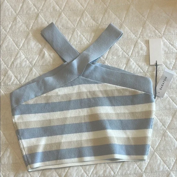 Aritzia Babaton Sculpt Knit Criss Cross Cropped Tank Birch/ Cement Blue NWT - Picture 9 of 11